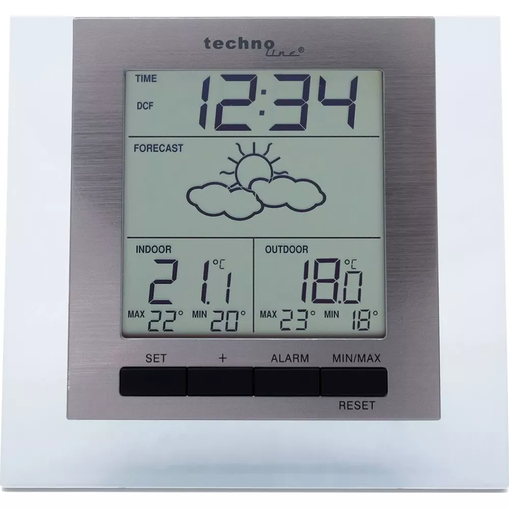 Orologio digitale mostra 12:34, previsioni meteo, interno 21C, esterno 18C.