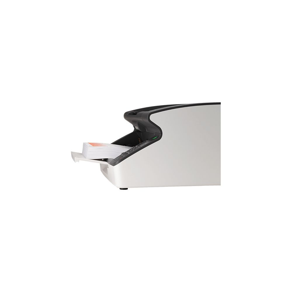 Uno scanner di colore chiaro con una pila di carte bianche dai bordi arancioni.