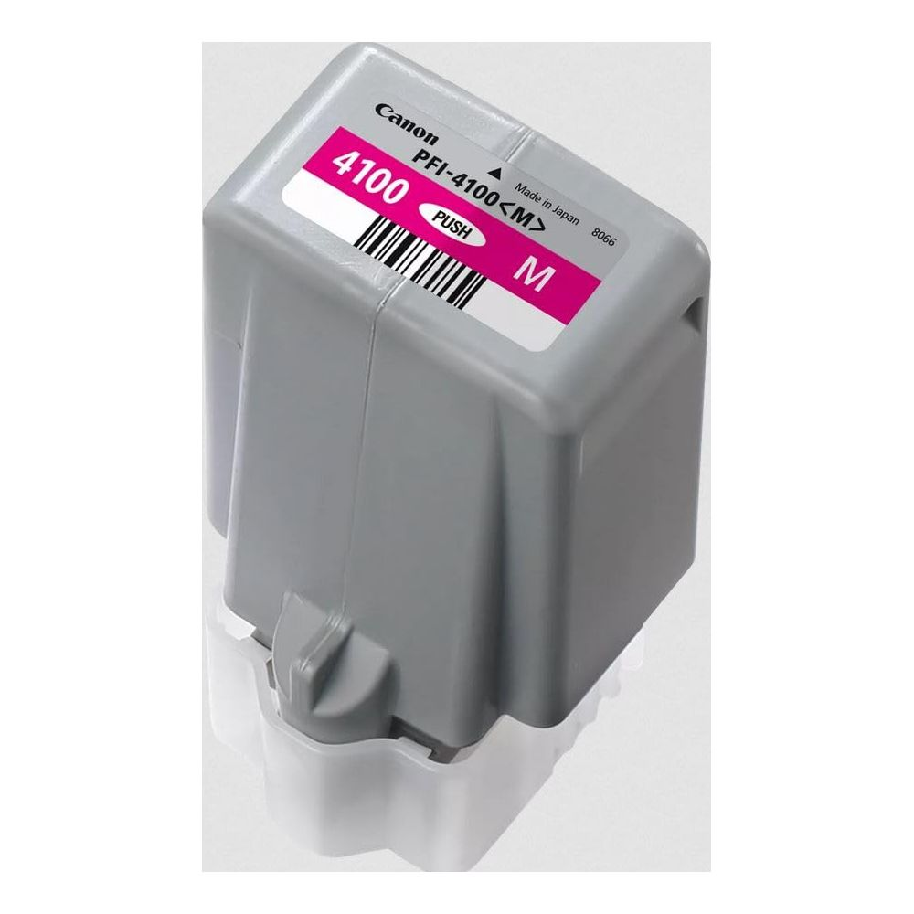 Szara kartridż z tuszem Canon PFI-4100 magenta z różową etykietą.