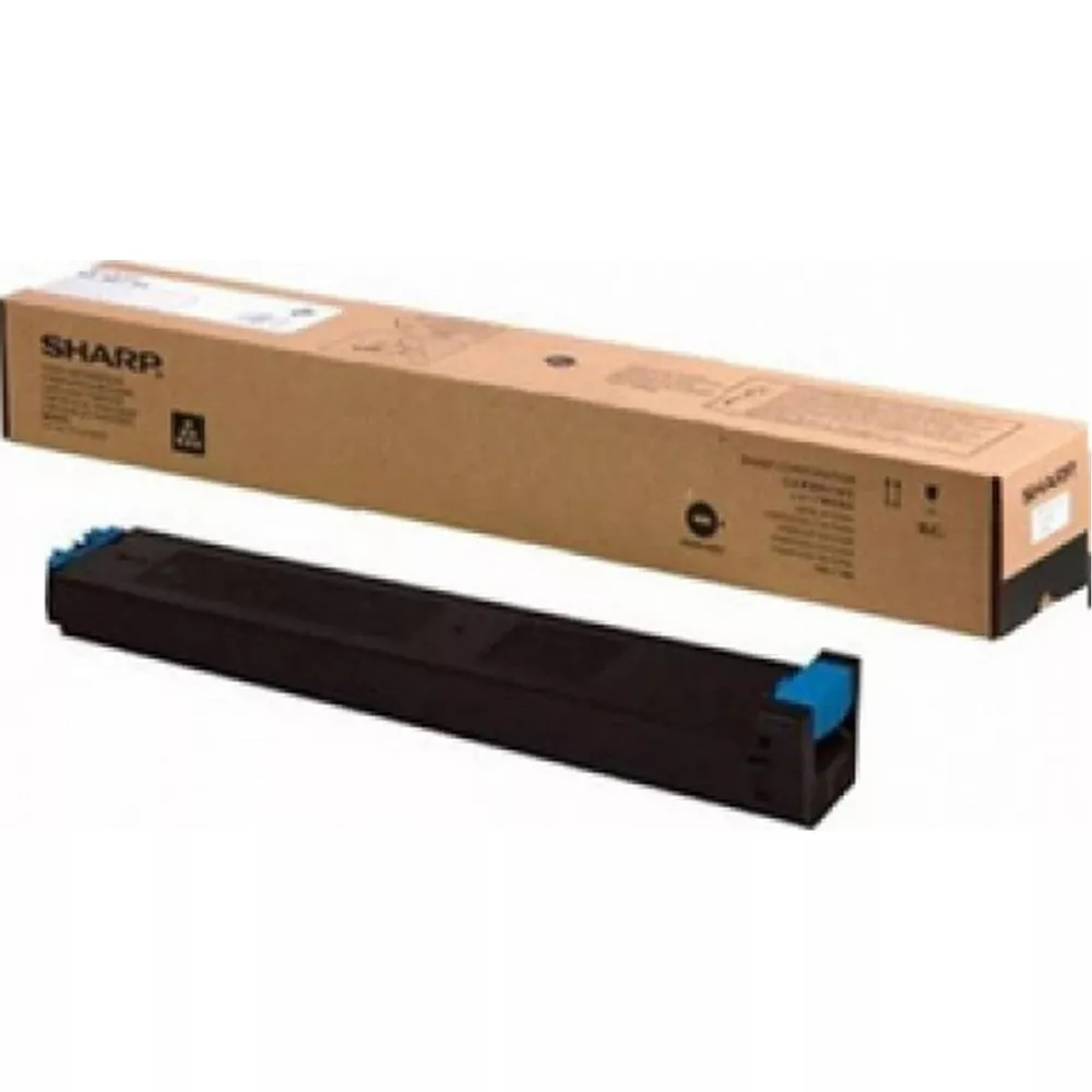 Una cartuccia toner Sharp nera con accenti blu davanti alla sua scatola di cartone.