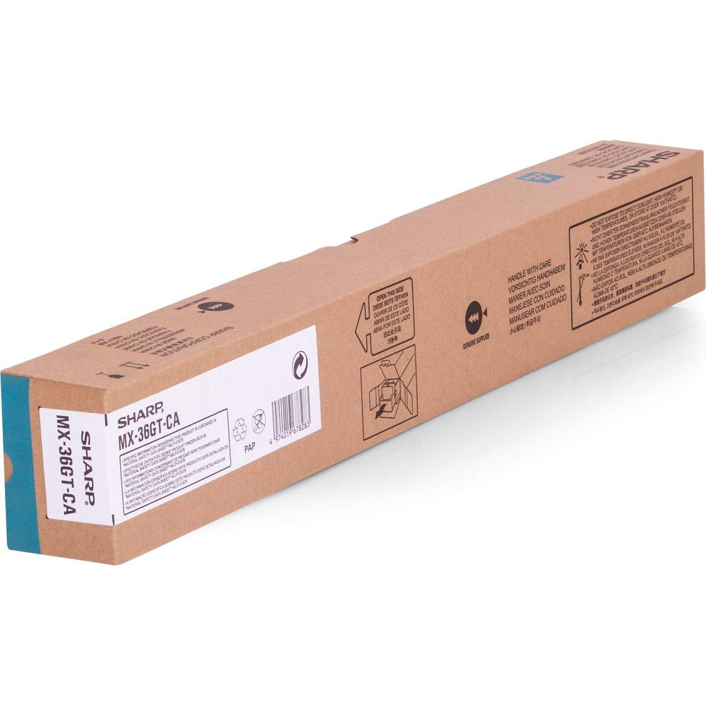 Una scatola di cartone marrone con toner Sharp MX-36GT-CA.