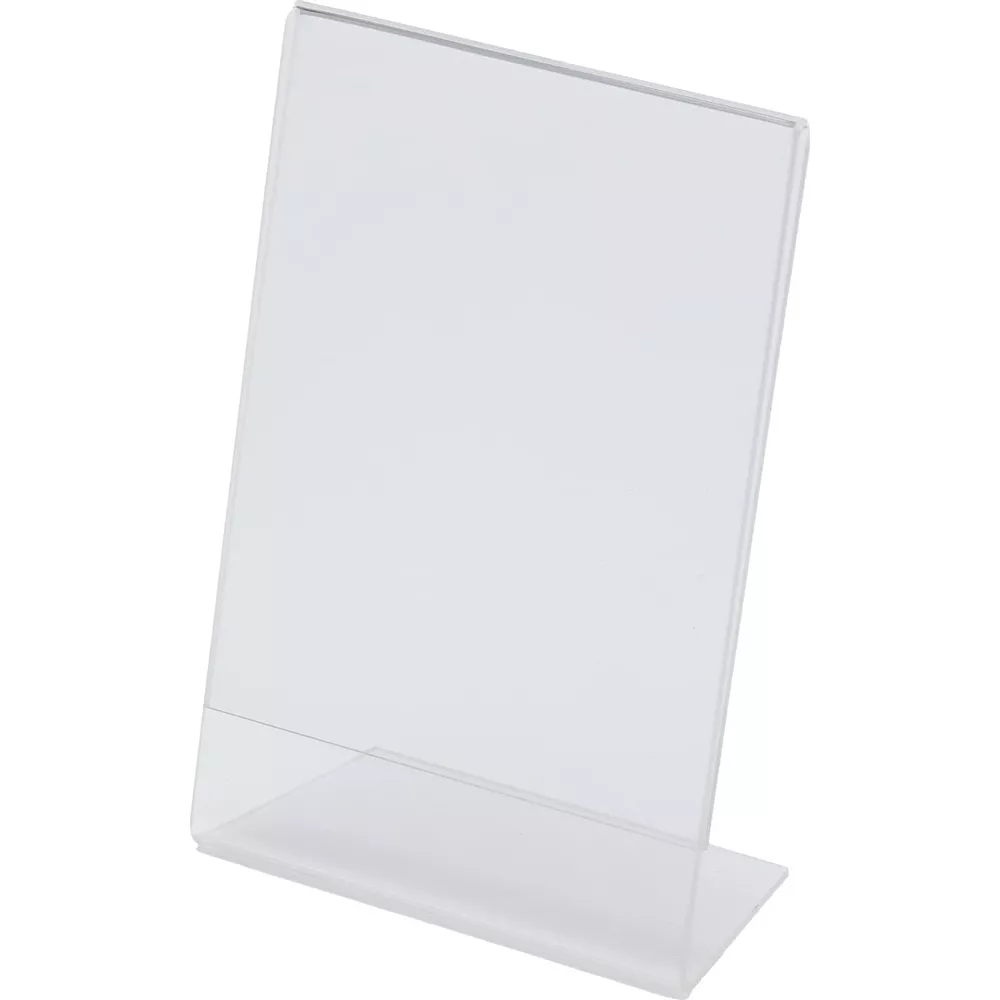 Ein transparenter Acryl-Aufsteller mit silbernem Rand, auf weißem Hintergrund.