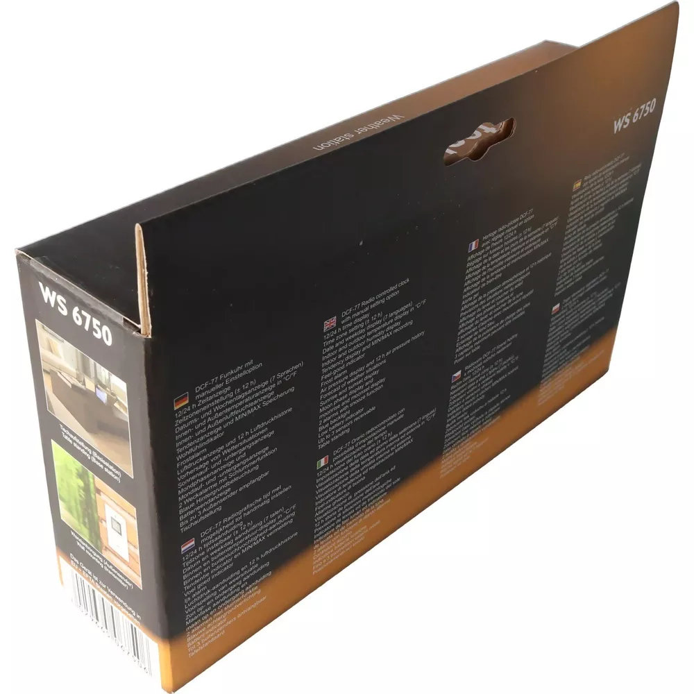 Emballage de station météo WS 6750 avec informations produit en plusieurs langues.