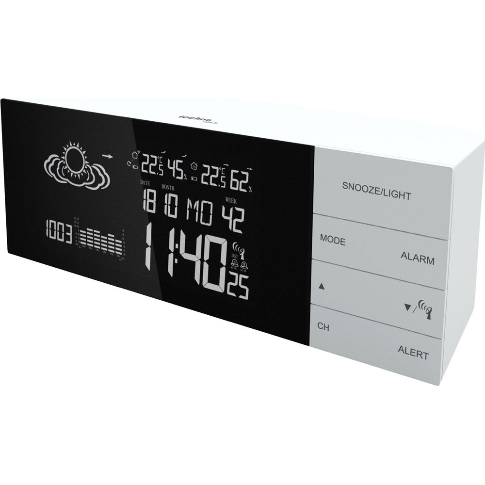Biały zegar cyfrowy z czarnym wyświetlaczem pokazuje godzinę, datę i pogodę.