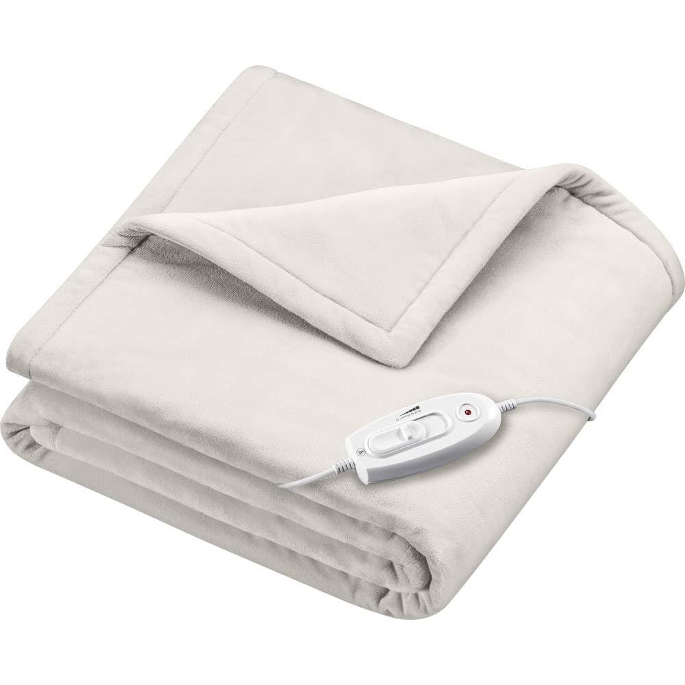 Una coperta riscaldata color crema, piegata, con controller bianco e cavo.