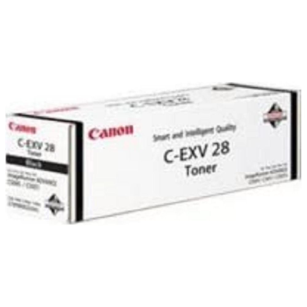 Een witte Canon C-EXV 28 tonercartridge doos met productdetails en logo's.