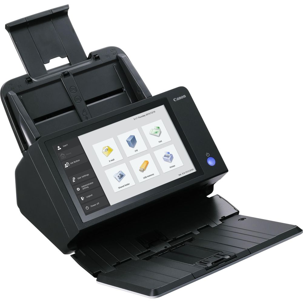 Czarny skaner Canon z ekranem dotykowym wyświetla ikony E-mail, FTP i Fax.
