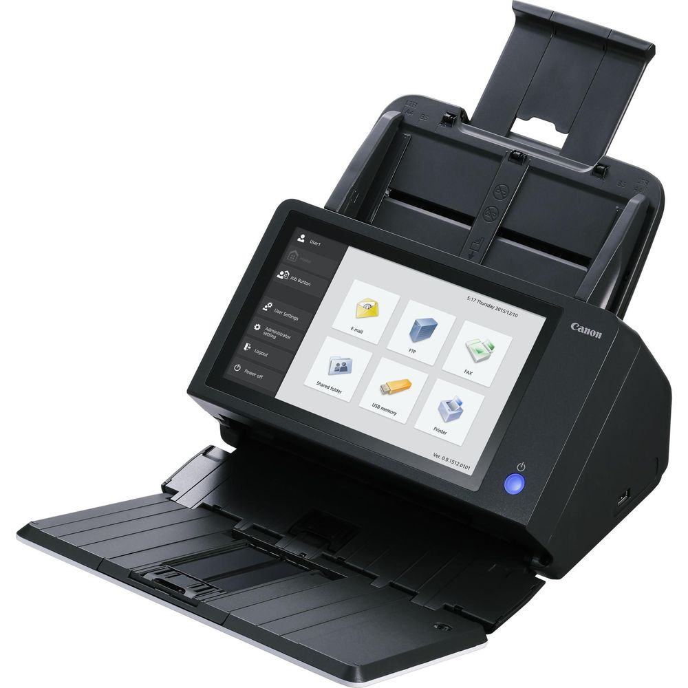 Czarny skaner Canon z ekranem dotykowym wyświetlający opcje takie jak E-mail, FTP, Faks i Drukarka.