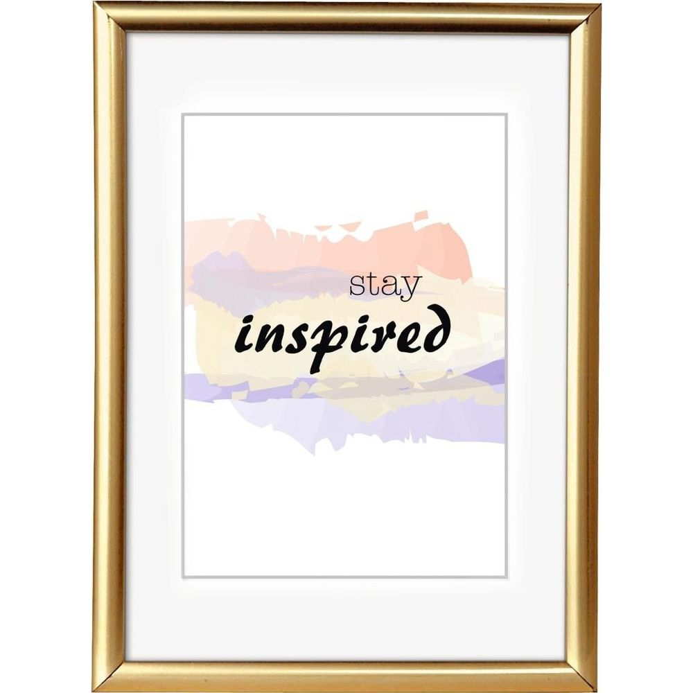 Gerahmter Druck mit pastellfarbenem Aquarell-Hintergrund und den Worten 'stay inspired'.