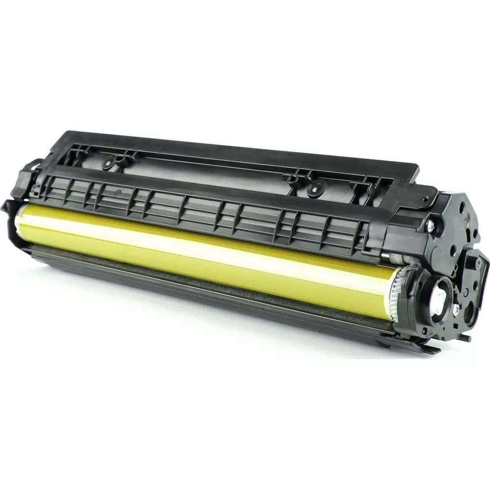 Tamburo cartuccia toner nero con rullo giallo su sfondo bianco.