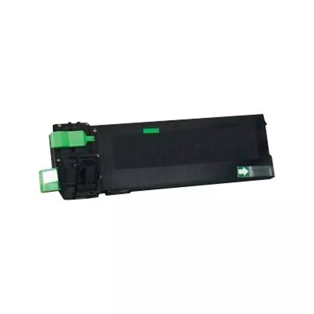Cartuccia toner nera con leve verdi e simbolo di freccia.
