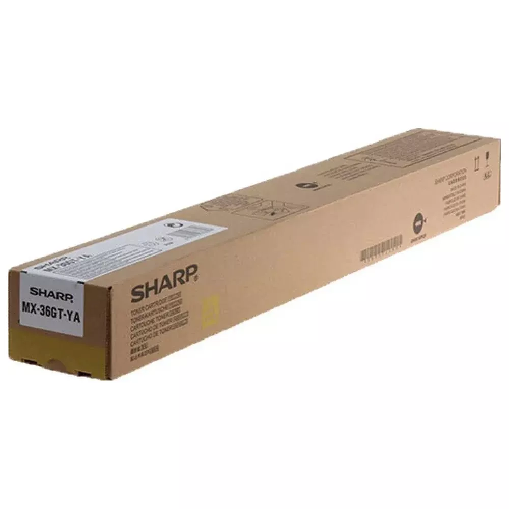 Una scatola marrone per cartuccia toner Sharp MX-36GT-YA con etichette e codice a barre.