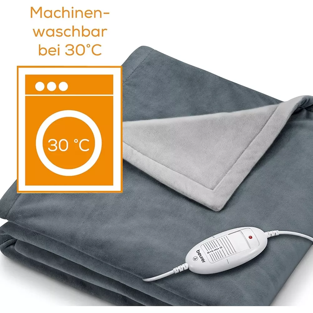 Gray heated blanket with white controller, machine washable at 30°C.