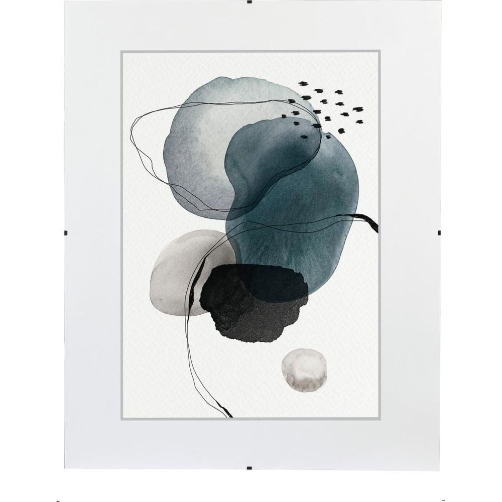 Abstrakcyjny obraz akwarelowy w odcieniach niebieskiego, szarego, czarnego i cienkich linii.