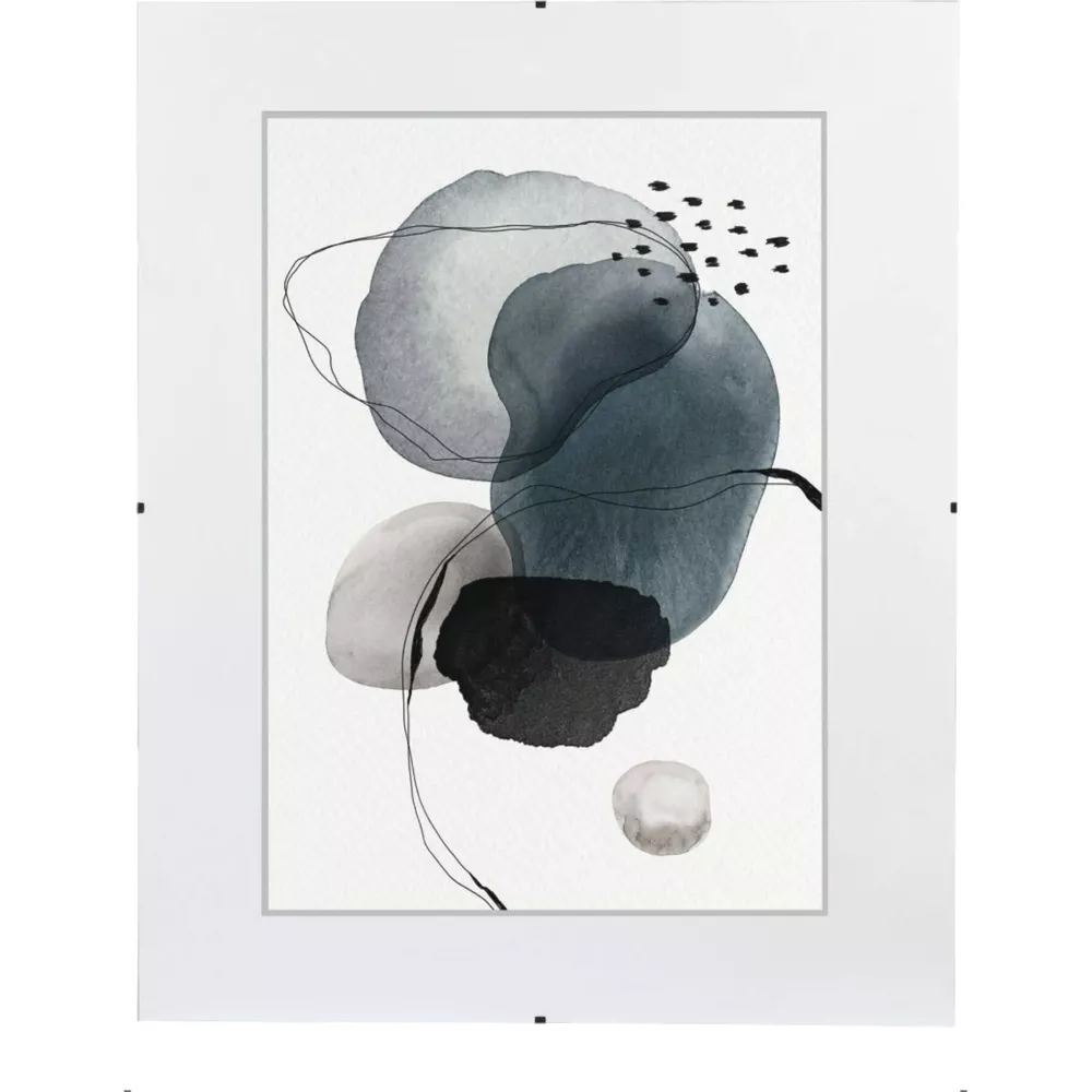 Abstrakcyjny obraz akwarelowy w odcieniach szarości i czarnych liniach.