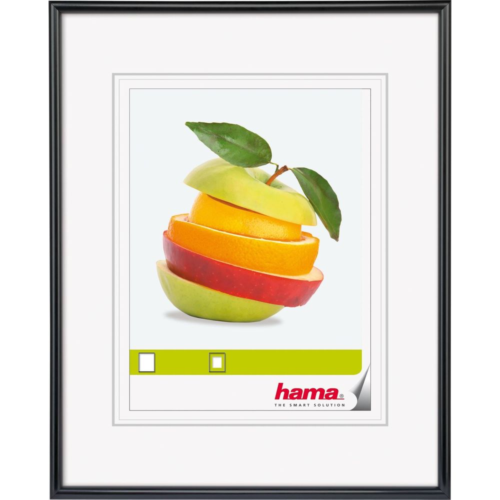 Gestapelte Fruchtscheiben: Apfel, Orange, Apfel in einem Bilderrahmen.
