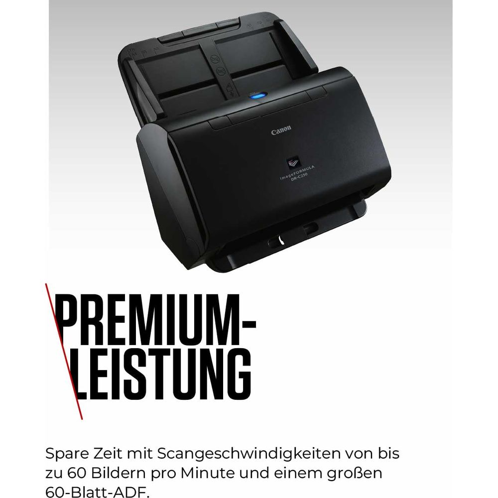 Czarny skaner Canon ImageFORMULA DR-C230 z otwartym podajnikiem i tekstem.