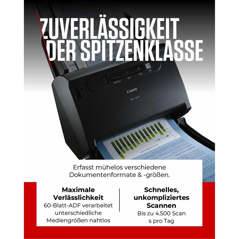 Skaner Canon DR-C230 z tekstem: Najwyższa niezawodność.