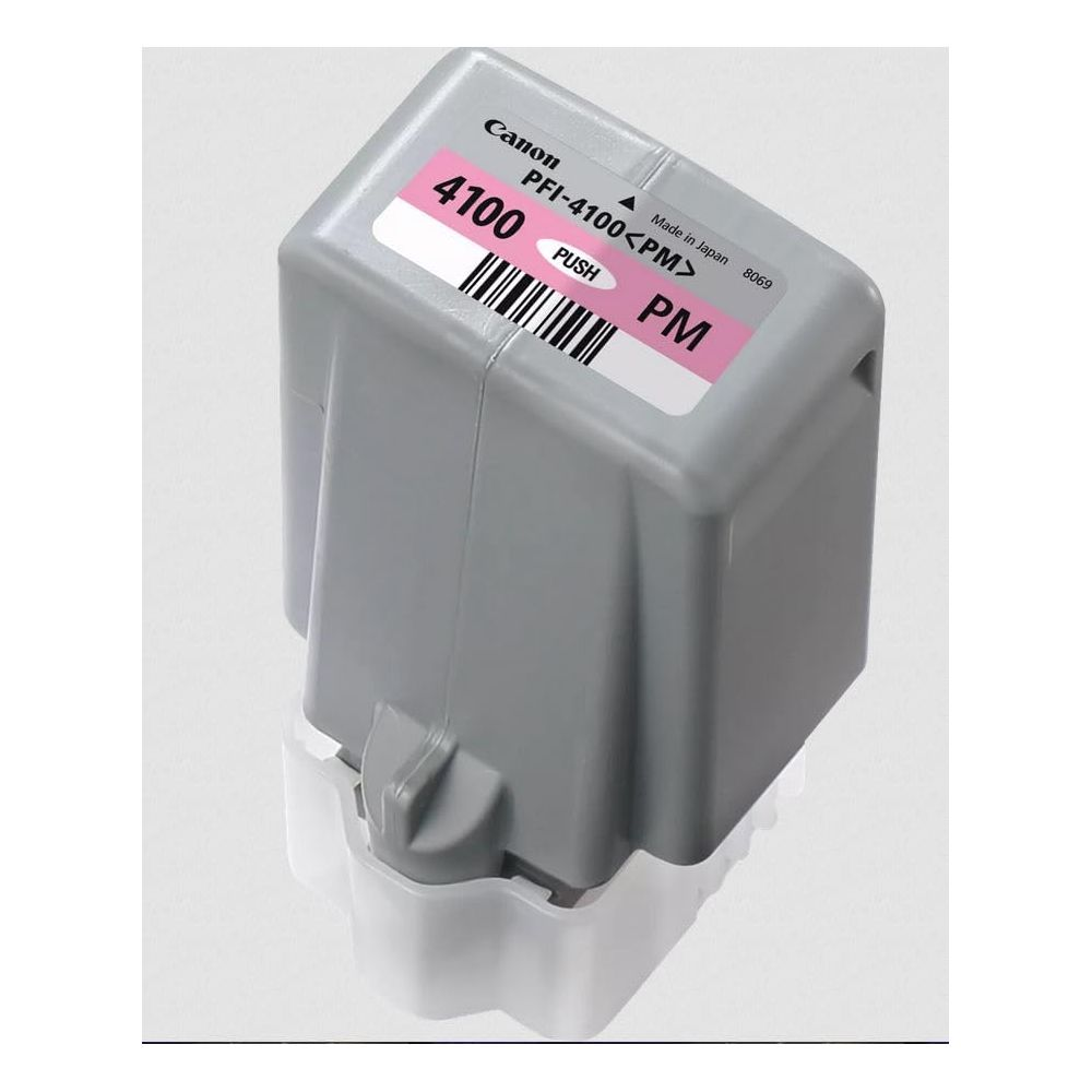 Szara kaseta z tuszem Canon PFI-4100 PM z różową etykietą i kodem kreskowym.