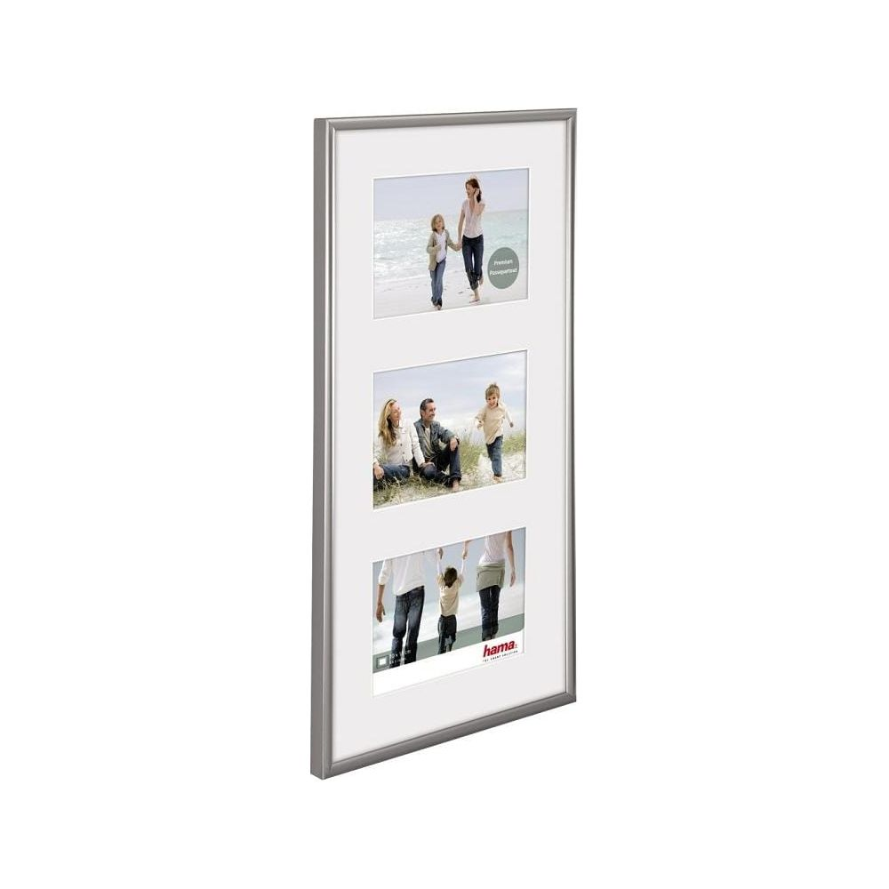 Srebrna ramka na zdjęcia z trzema zdjęciami rodzin na plaży.