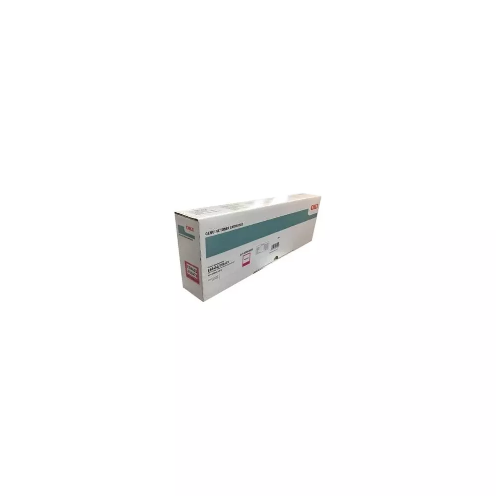 Een witte en teal doos voor een OKI toner cartridge, met opschrift 'Genuine Toner Cartridge'.