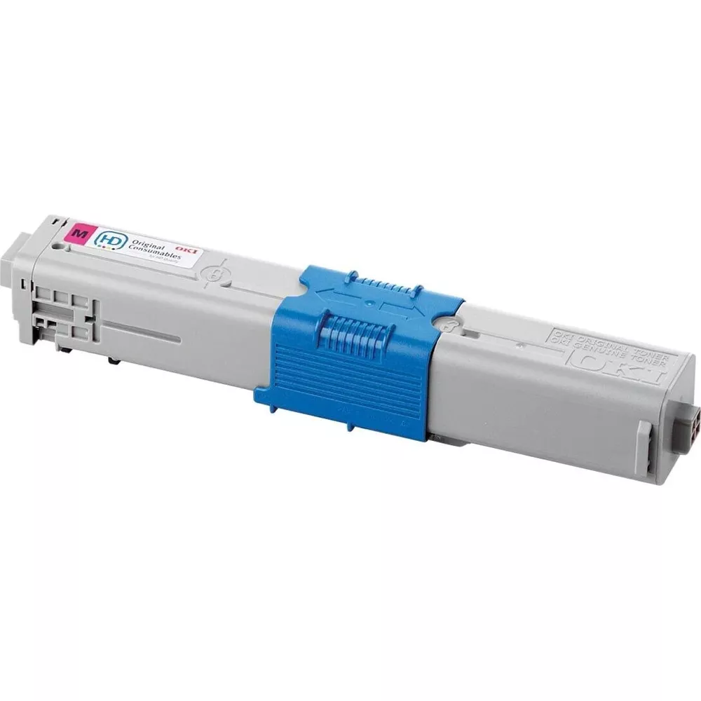 Grijze toner cartridge met blauwe clip, opschrift OKI Original Toner.