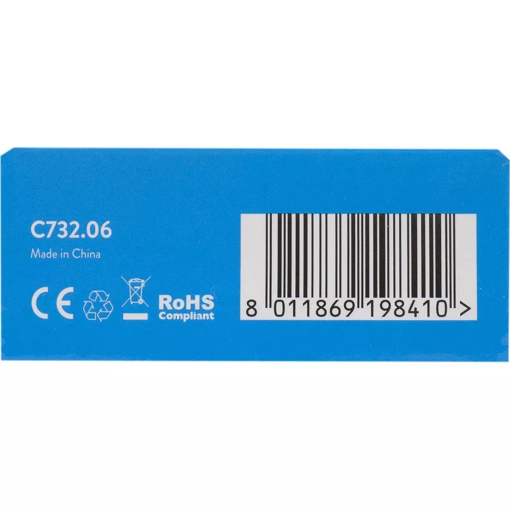 Scatola blu con C732.06, Made in China, CE, riciclo, RoHS, codice a barre.