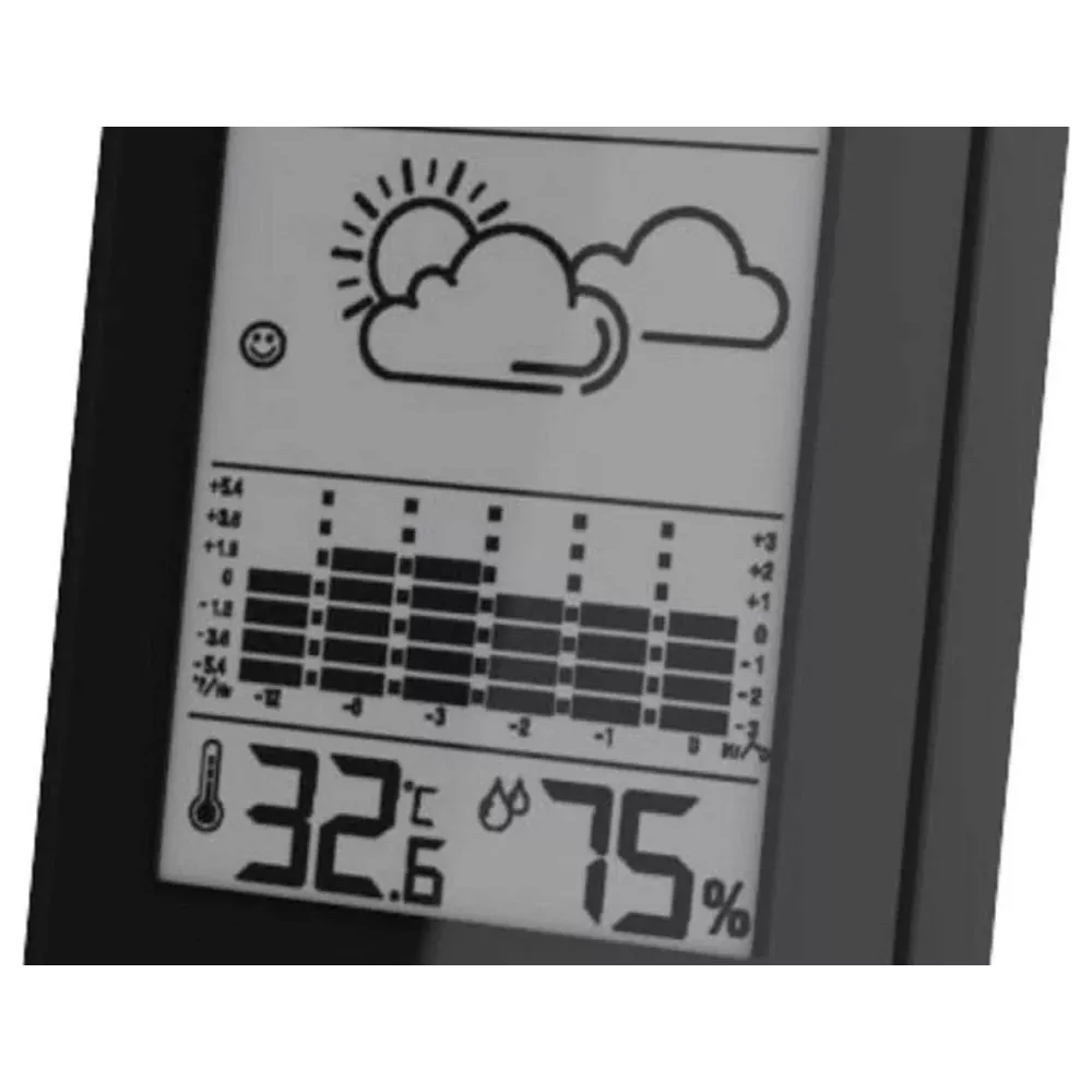 Stazione meteo digitale mostra 32.6 gradi e 75% di umidità, sole e nuvole.