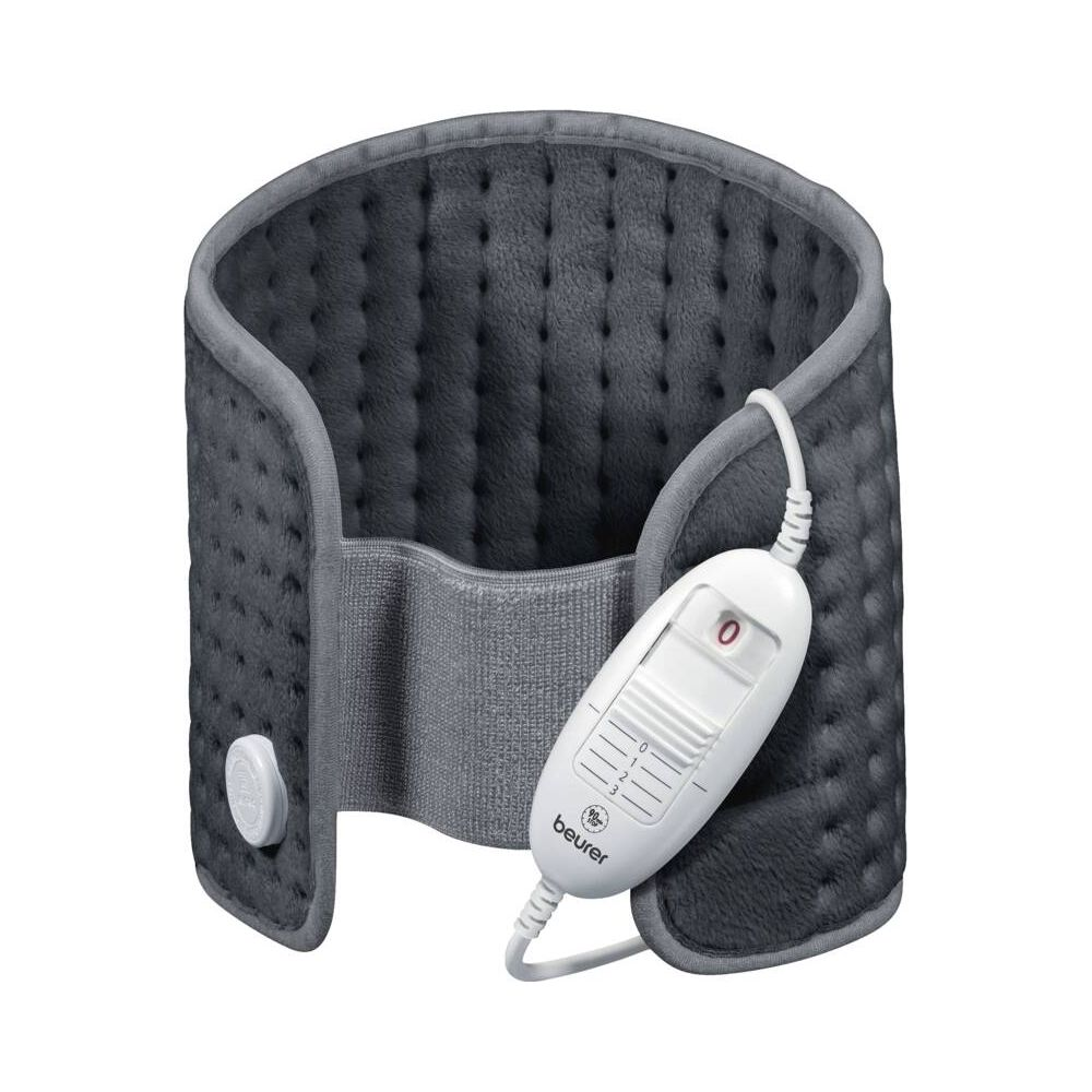 Graues Heizkissen mit weißem Regler und Kabel auf weißem Hintergrund.