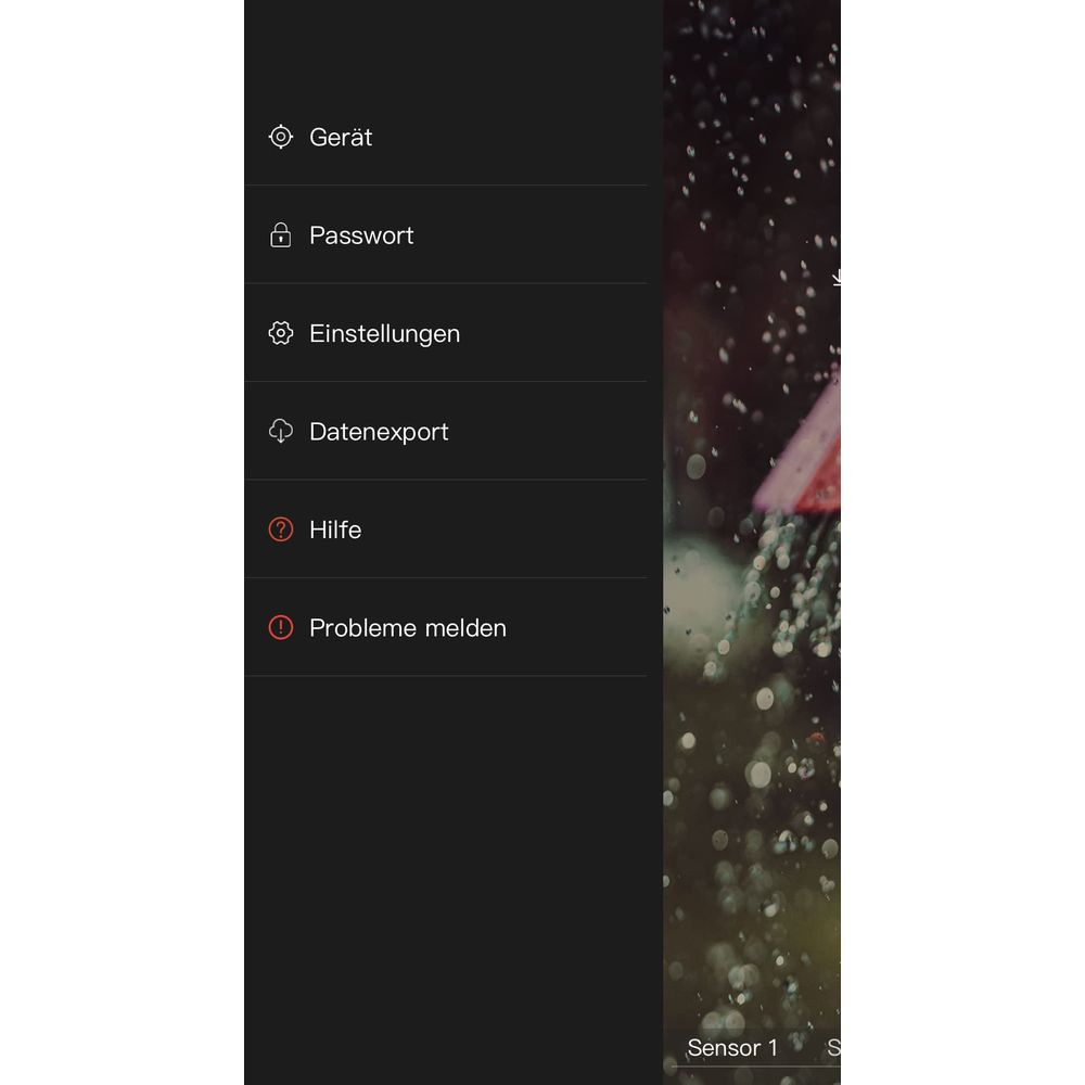 Menu z Urządzeniem, Hasłem, Ustawieniami, Eksportem danych, Pomocą i Zgłoś problem.