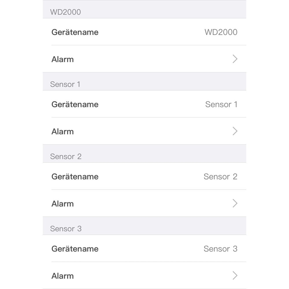 Lista nazw urządzeń i statusu alarmu: WD2000, Czujnik 1, Czujnik 2, Czujnik 3.