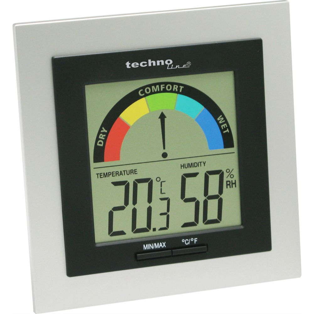 Digitale Wetterstation zeigt 20,3°C Temperatur und 58% Luftfeuchtigkeit.