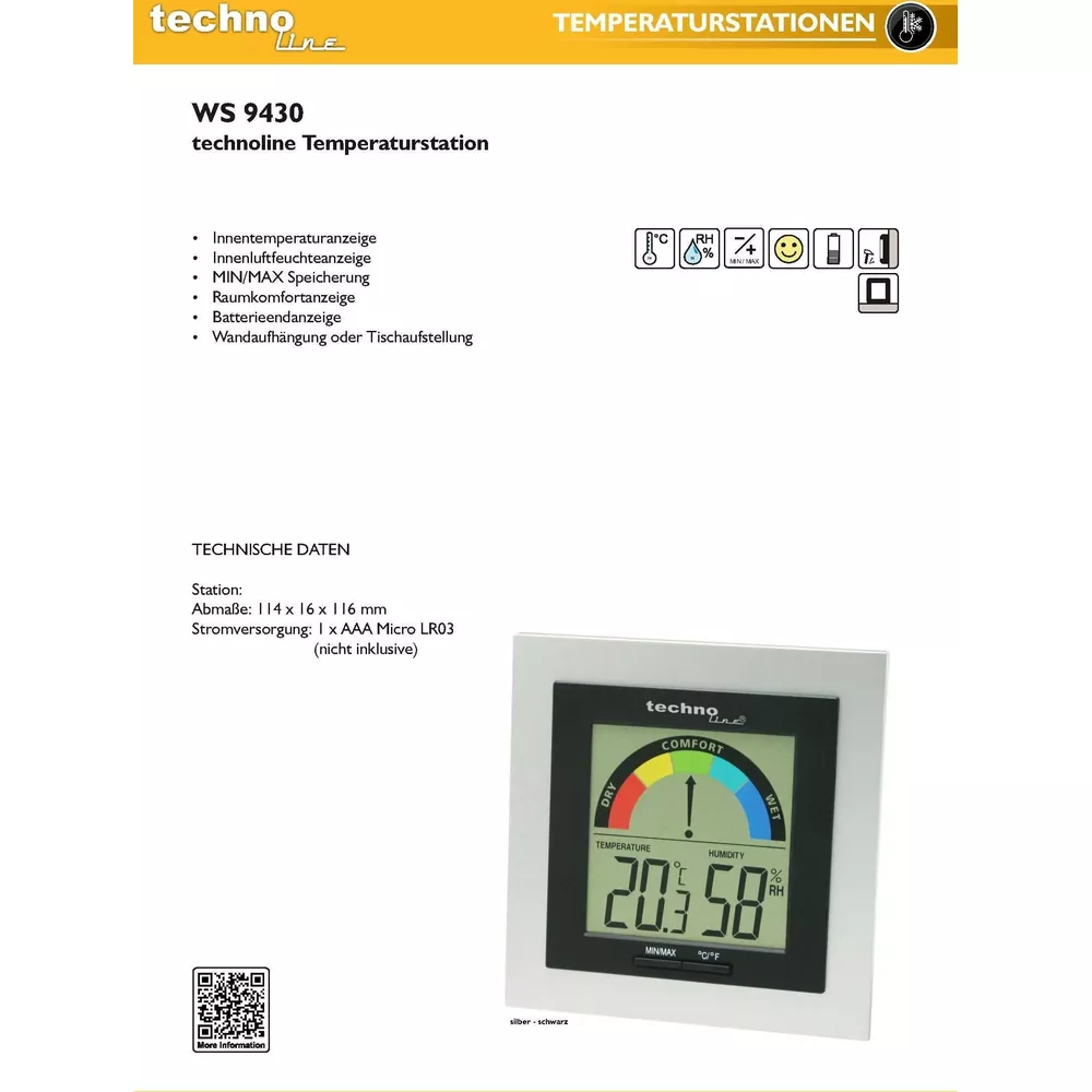 Ein technoline WS 9430 Thermometer zeigt 20.3°C und 58% Luftfeuchtigkeit an.