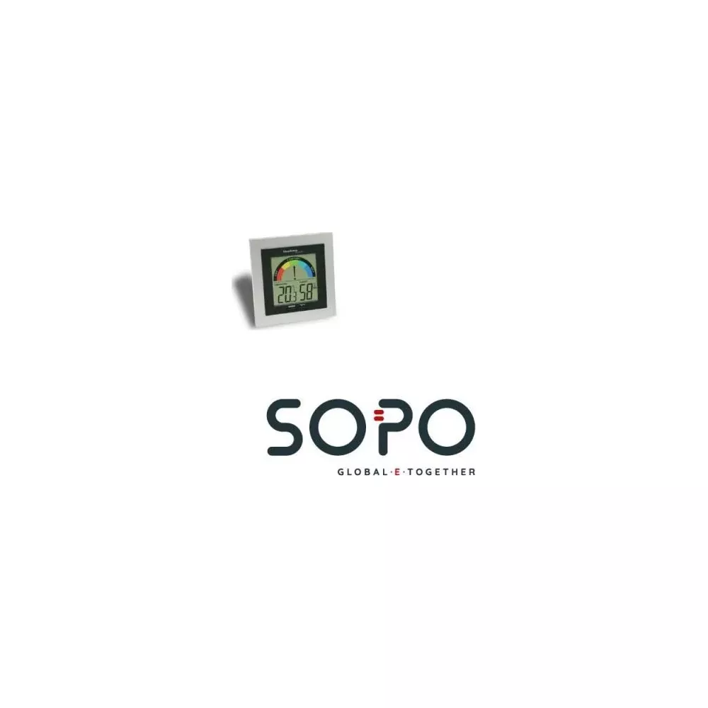 Digitaler Thermometer und Hygrometer zeigt 20.58 an. SOPO Logo darunter.