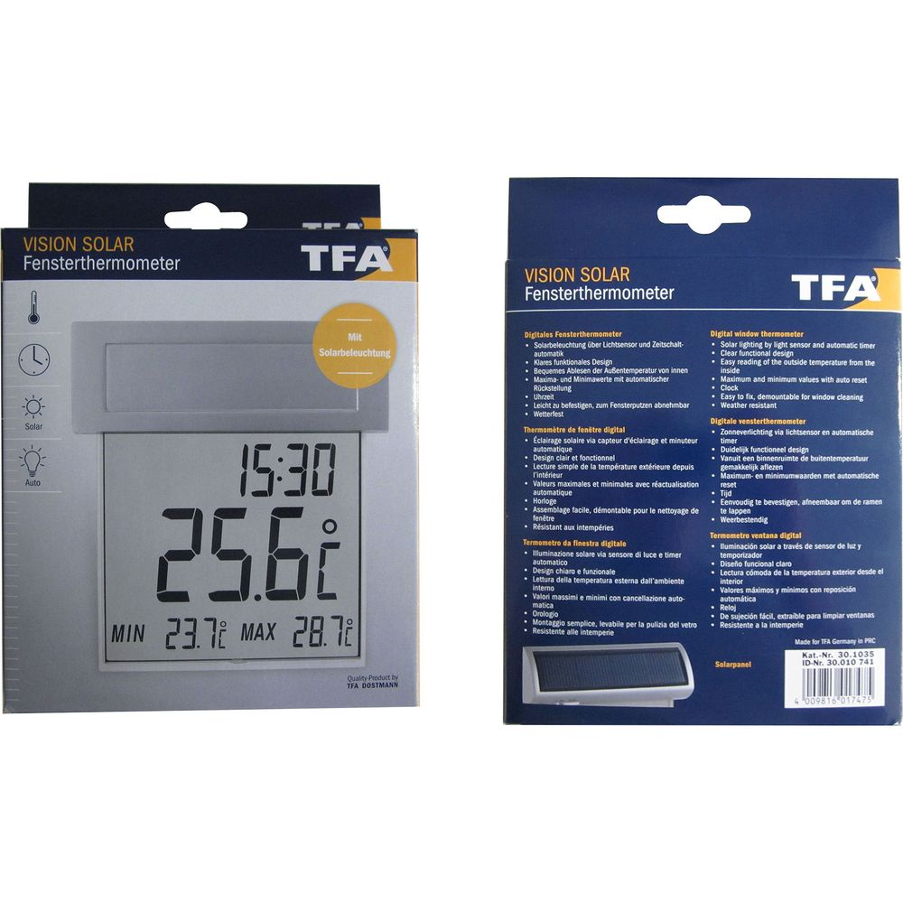 Verpackung eines digitalen Fensterthermometers von TFA mit Solarbeleuchtung und Anzeige.