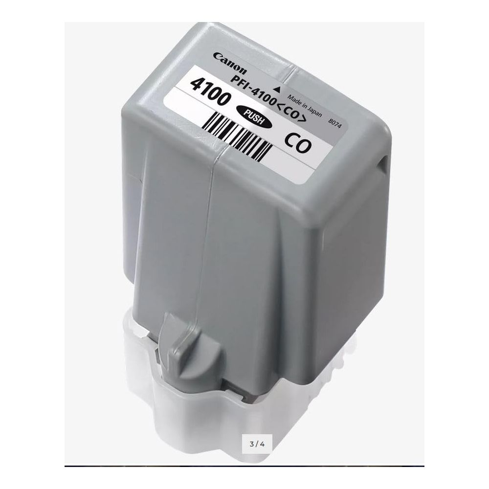 Szara kartridż z atramentem Canon PFI-4100 CO z kodem kreskowym i etykietą "PUSH".