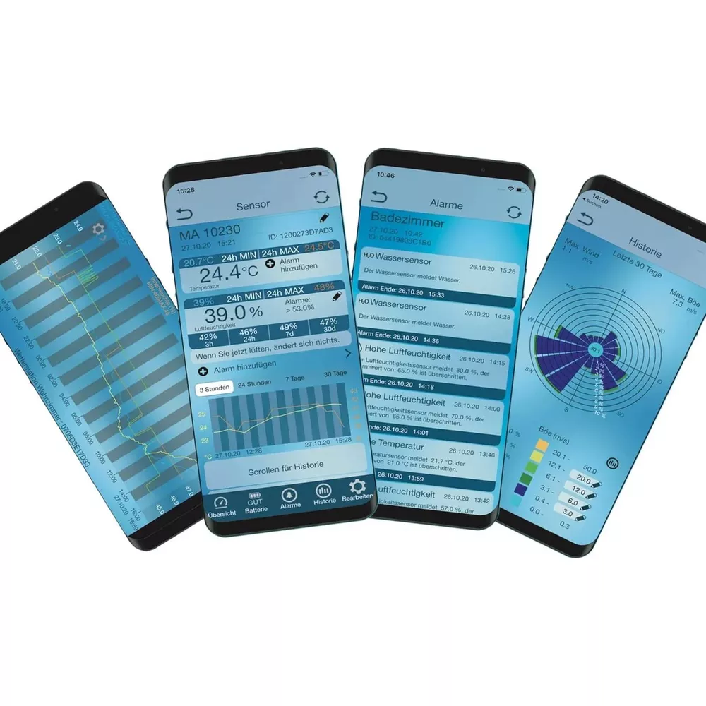 Vier Smartphones zeigen Wetterdaten und Sensordaten wie Temperatur, Luftfeuchtigkeit und Wind.