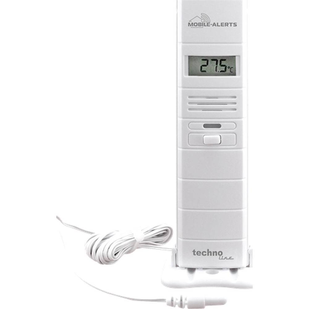 Ein weißes Thermometer zeigt 27,5°C an. Es hat einen Schnur.