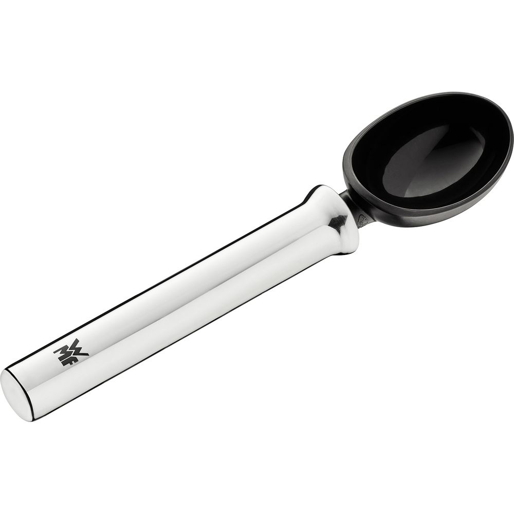 Srebrna gałkownica do lodów z czarną główką i emblematem na rączce.