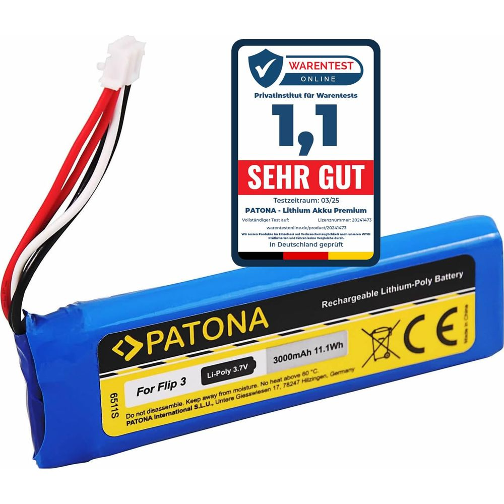 Blauer Lithium-Poly-Akku von PATONA mit Kabeln und einem Warentest-Siegel.