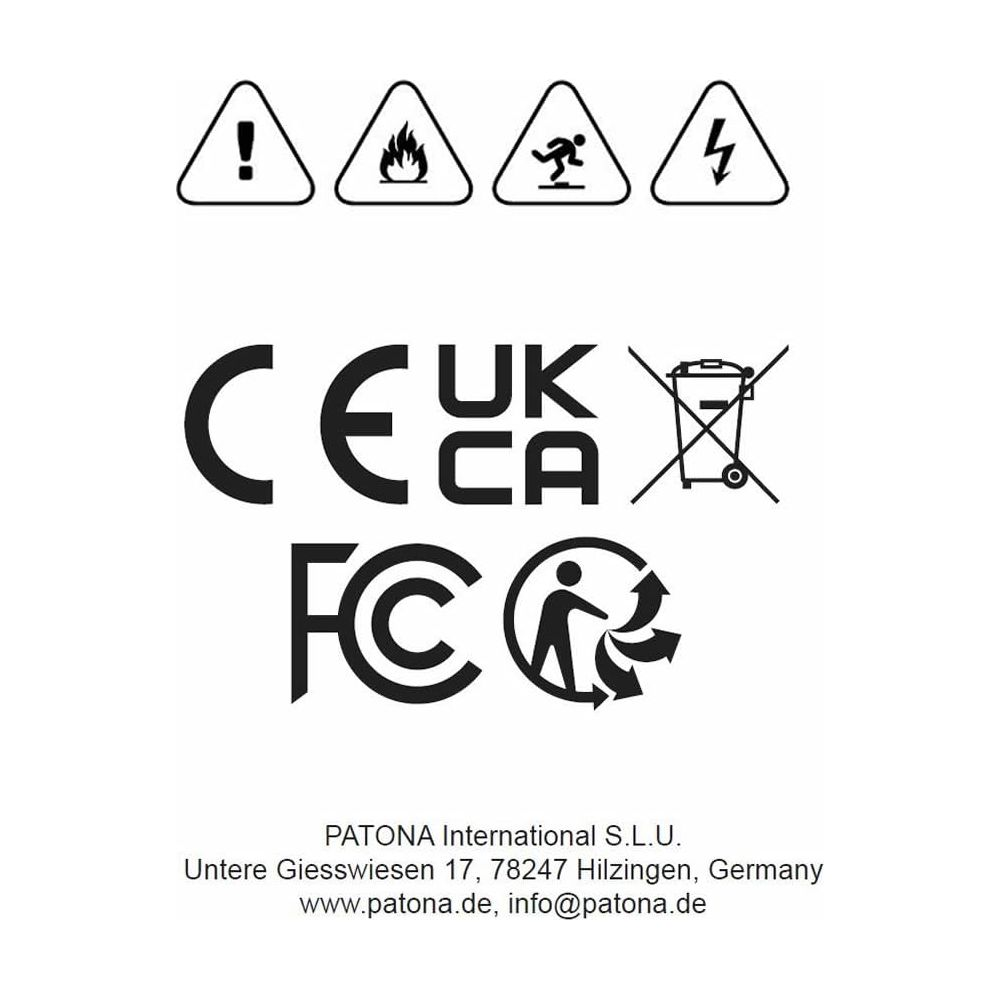 Warnsymbole, CE, UKCA, FCC und Recycling-Symbol. Kontaktinfos.