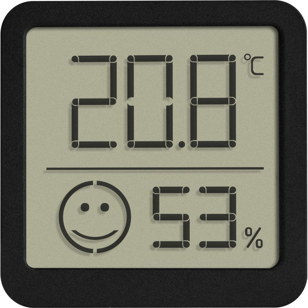 Digitalanzeige zeigt 20,8°C und 53% Luftfeuchtigkeit mit Smiley.