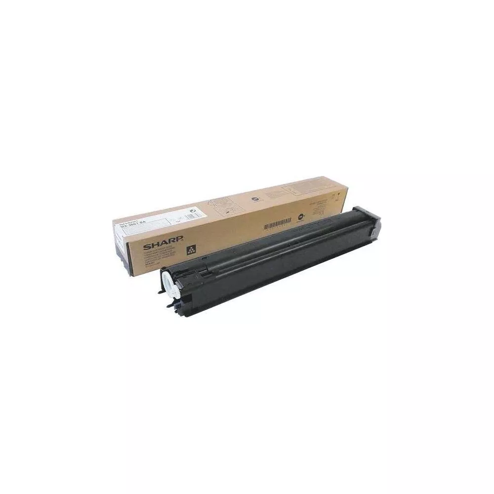 Una cartuccia toner nera con una scatola di imballaggio sullo sfondo.