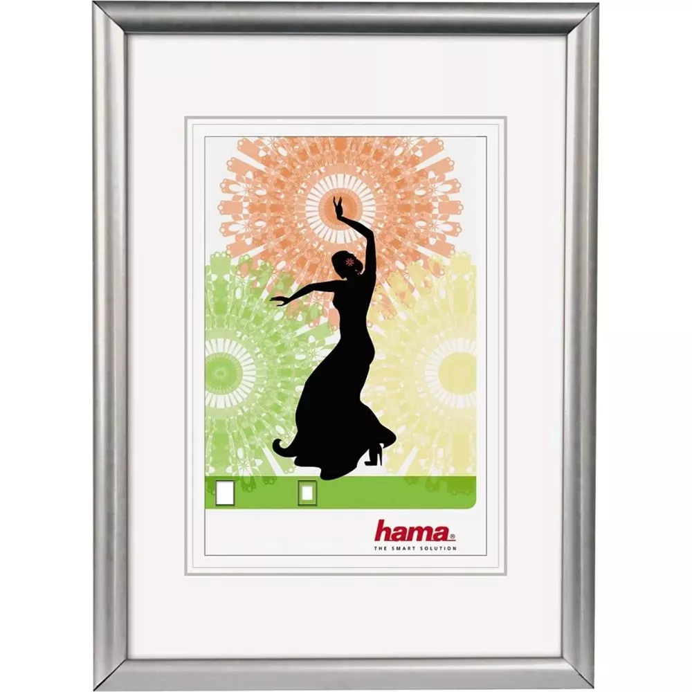 Eine schwarze Silhouette einer Flamenco-Tänzerin vor einem bunten Muster.