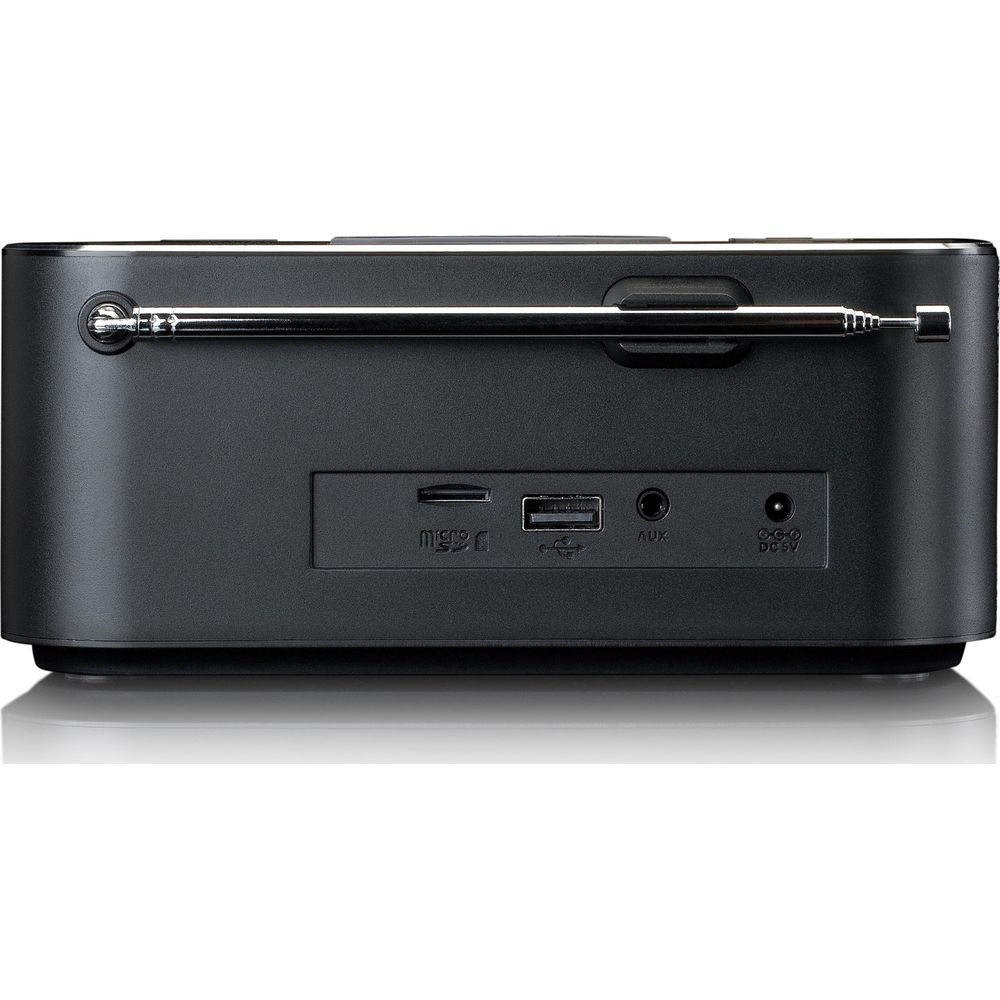 Haut-parleur radio noir avec antenne extensible et ports.