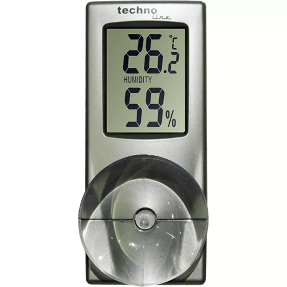 Ein digitales Thermometer zeigt 26,2 Grad und 59 % Luftfeuchtigkeit an.