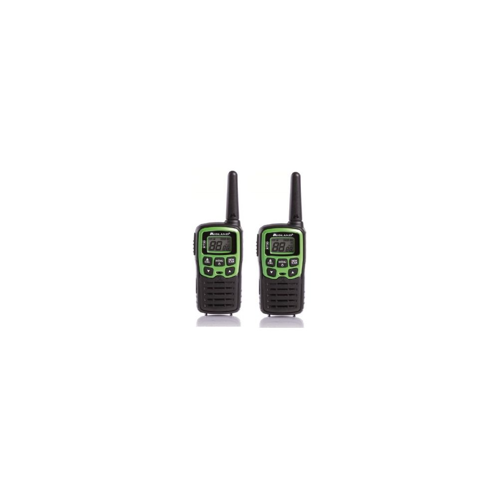 Zwei schwarze und grüne Midland Walkie-Talkies stehen nebeneinander.