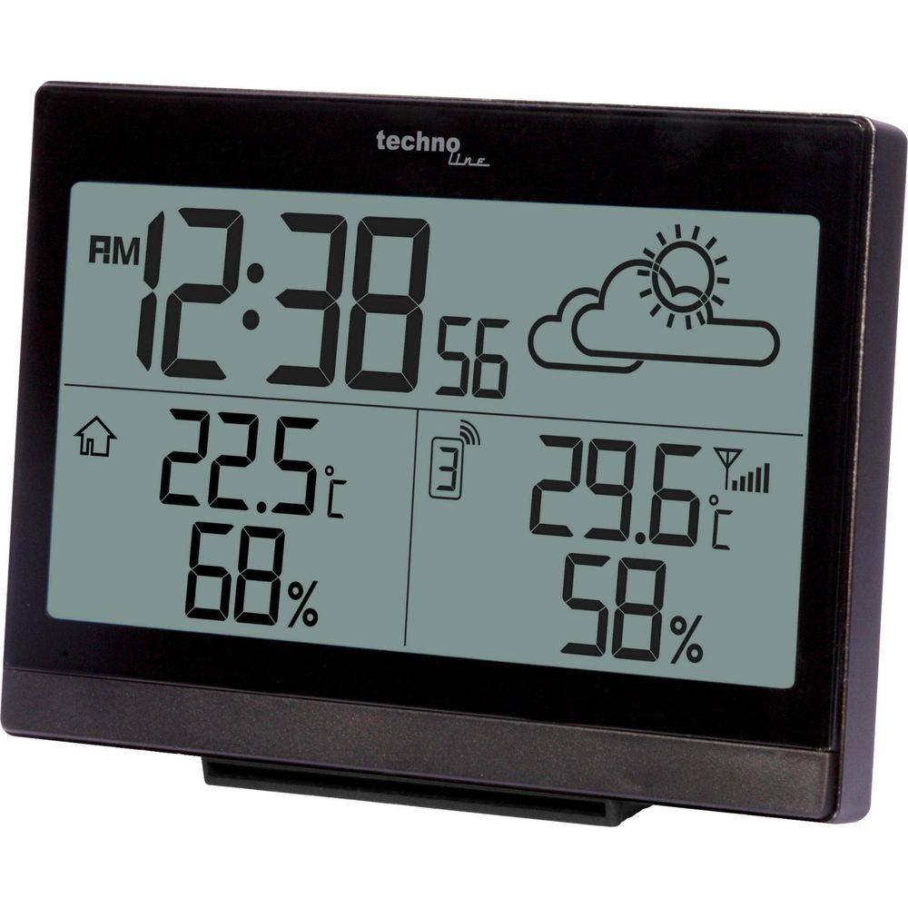 Zegar cyfrowy pokazuje 12:38, 22,5°C, 68% wilgotności, 29,6°C, 58% wilgotności.