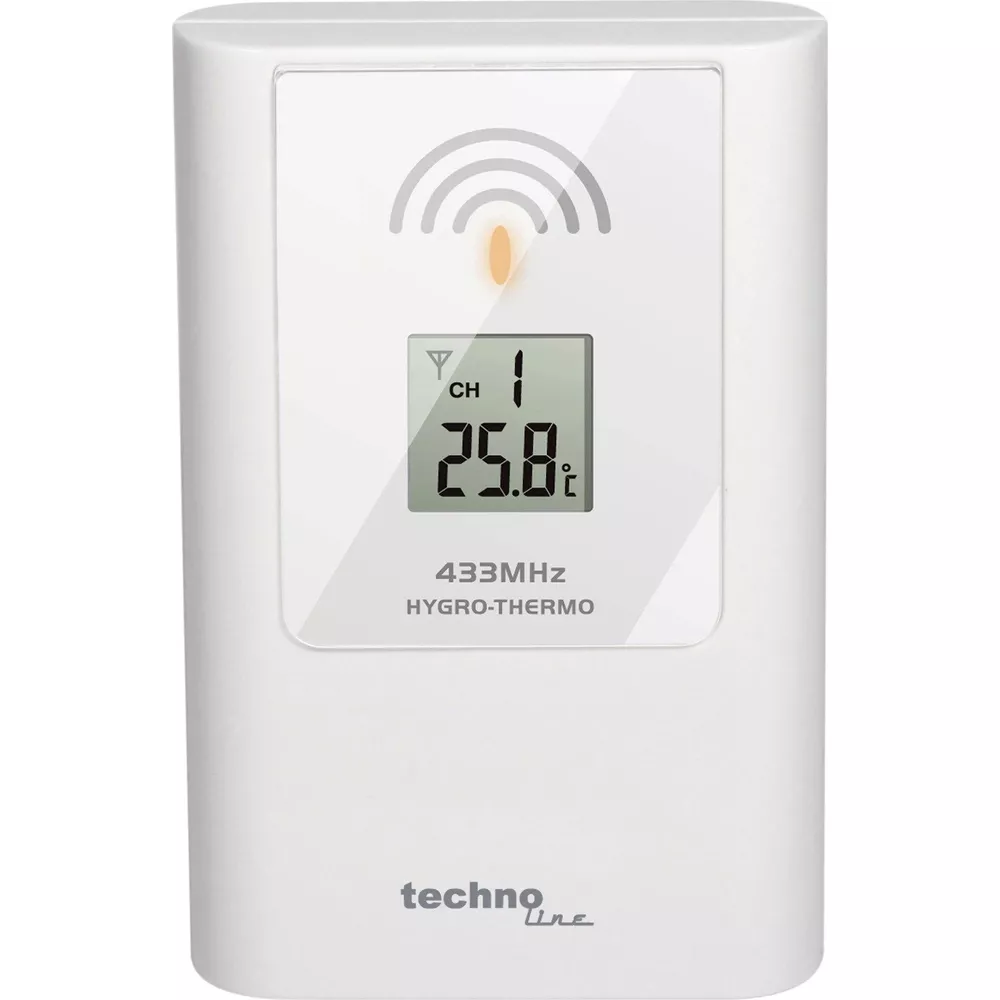 Białe urządzenie higro-termo z wyświetlaczem LCD pokazującym 25.8°C i kanał 1.