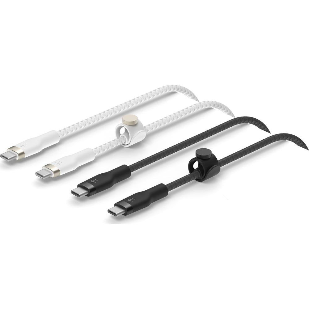 Dwa białe i dwa czarne kable USB-C są prezentowane obok siebie na białym tle.